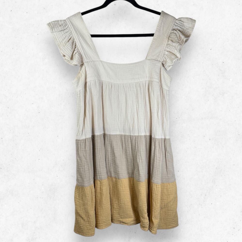 Entro Women's Size L Babydoll Dress Ruffled Sleeves Yellow Colorblock Pockets